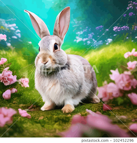 Happy Easter, cute beautiful Easter Bunny in a sunny meadow in flowers decorated Easter card, greeting card. in pastel colors. Modern minimal style. Spring flower illustration. Happy Easter, cute beautiful Easter Bunny in a sunny meadow in flowers decorated Easter card, greeting card. in pastel colors. Modern minimal style. Spring flower illustration. 102452296