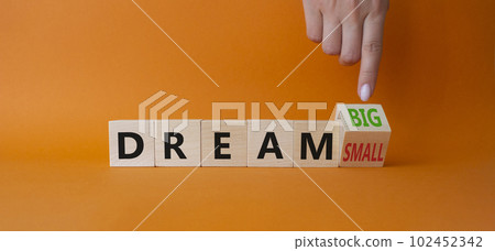 Dream Big vs Small symbol. Businessman Hand points at wooden cubes with words Dream Small and Dream Big. Beautiful orange background. Business and Dream concept. Copy space Dream Big vs Small symbol. Businessman Hand points at wooden cubes with words Dream Small and Dream Big. Beautiful orange background. Business and Dream concept. Copy space 102452342