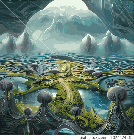 surreal landscape with abstract trees and clouds melting islands off ground. Vector illustration, Dreamy surreal fantasy landscape, lush vegetation ad flowers, pastel colors, digital illustration 102452468