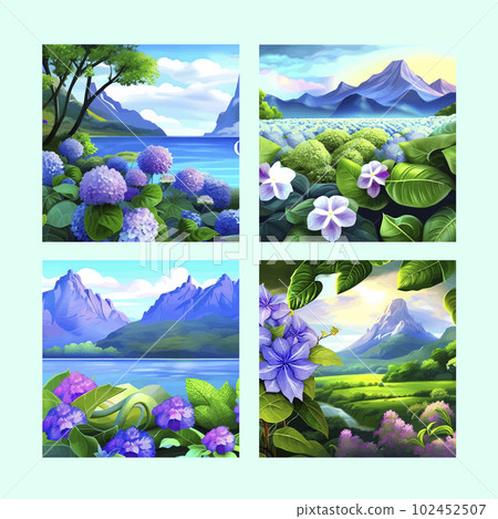 Mountain spring landscape, mountains with snowy peaks, lilac flower bushes, poster set. Green pasture meadow with flowers, forests, beautiful mountains of spring day, vector illustration 102452507