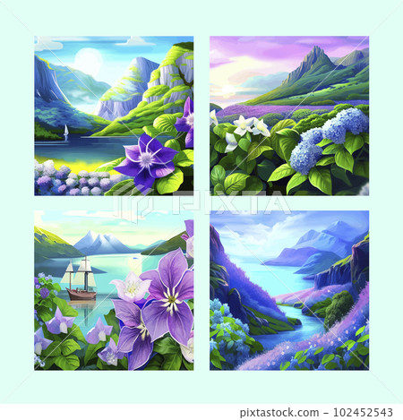 Mountain spring landscape, mountains with snowy peaks, lilac flower bushes, poster set. Green pasture meadow with flowers, forests, beautiful mountains of spring day, vector illustration Mountain spring landscape, mountains with snowy peaks, lilac flower bushes, poster set. Green pasture meadow with flowers, forests, beautiful mountains of spring day, vector illustration 102452543