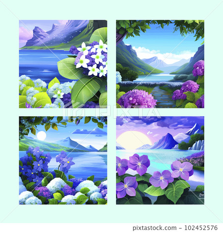 Mountain spring landscape, mountains with snowy peaks, lilac flower bushes, poster set. Green pasture meadow with flowers, forests, beautiful mountains of spring day, vector illustration 102452576