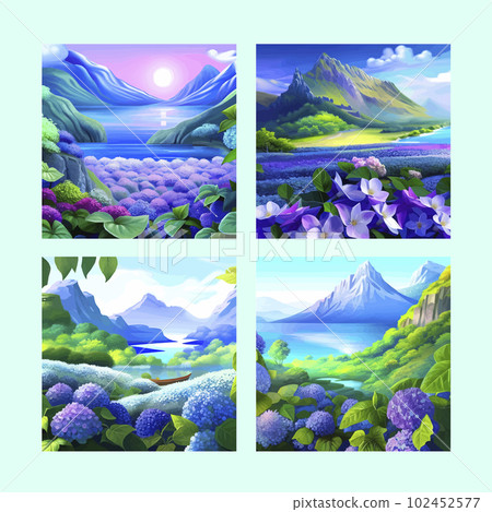 Mountain spring landscape, mountains with snowy peaks, lilac flower bushes, poster set. Green pasture meadow with flowers, forests, beautiful mountains of spring day, vector illustration Mountain spring landscape, mountains with snowy peaks, lilac flower bushes, poster set. Green pasture meadow with flowers, forests, beautiful mountains of spring day, vector illustration 102452577