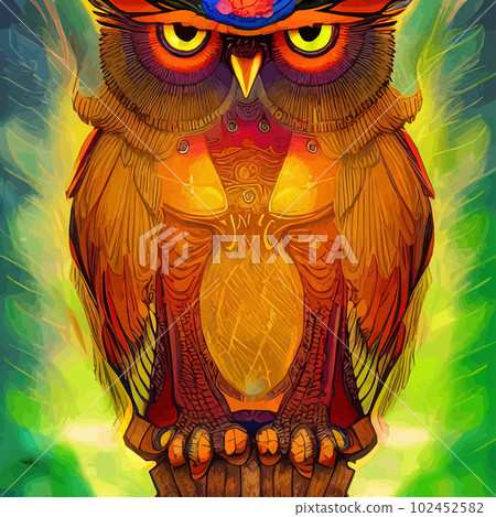 Beautiful hand drawn owl in the forest. wise bird dressed in retro. Forest animals concept. Wild bird illustration. Magic wise owl with flowers artwork for poster, print, card. 102452582