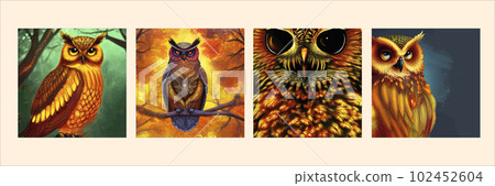 Owl illustration set. Various types of Owls collection. Hand drawn Wise bird dressed up in retro Owl, snowy, brelov, play, forest wildlife birds on different surfaces. forest background Owl illustration set. Various types of Owls collection. Hand drawn Wise bird dressed up in retro Owl, snowy, brelov, play, forest wildlife birds on different surfaces. forest background 102452604