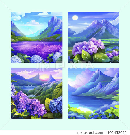 Mountain spring landscape, mountains with snowy peaks, lilac flower bushes, poster set. Green pasture meadow with flowers, forests, beautiful mountains of spring day, vector illustration Mountain spring landscape, mountains with snowy peaks, lilac flower bushes, poster set. Green pasture meadow with flowers, forests, beautiful mountains of spring day, vector illustration 102452611