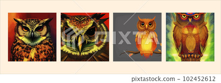 Owl illustration set. Various types of Owls collection. Hand drawn Wise bird dressed up in retro Owl, snowy, brelov, play, forest wildlife birds on different surfaces. forest background 102452612