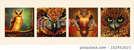 Owl illustration set. Various types of Owls collection. Hand drawn Wise bird dressed up in retro Owl, snowy, brelov, play, forest wildlife birds on different surfaces. forest background 102452625