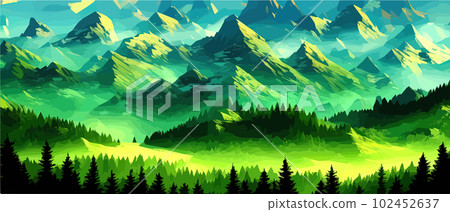 Foggy mountains with coniferous forest vector illustration. Smokey rocky panorama with mountain mountains and silhouettes for pine forest. landscape panorama from Pine mountain forest. with copy space Foggy mountains with coniferous forest vector illustration. Smokey rocky panorama with mountain mountains and silhouettes for pine forest. landscape panorama from Pine mountain forest. with copy space 102452637