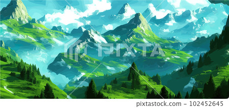 Foggy mountains with coniferous forest vector illustration. Smokey rocky panorama with mountain mountains and silhouettes for pine forest. landscape panorama from Pine mountain forest. with copy space Foggy mountains with coniferous forest vector illustration. Smokey rocky panorama with mountain mountains and silhouettes for pine forest. landscape panorama from Pine mountain forest. with copy space 102452645