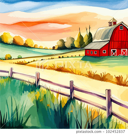 Farm on a hill with yellow or golden wheat field in a watercolor style, agriculture, cultivation, countryside, field, countryside, vector illustration banner with copy space Farm on a hill with yellow or golden wheat field in a watercolor style, agriculture, cultivation, countryside, field, countryside, vector illustration banner with copy space 102452837