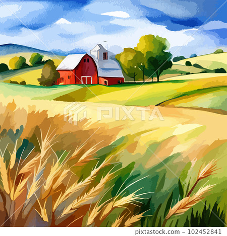 Farm on a hill with yellow or golden wheat field in a watercolor style, agriculture, cultivation, countryside, field, countryside, vector illustration banner with copy space Farm on a hill with yellow or golden wheat field in a watercolor style, agriculture, cultivation, countryside, field, countryside, vector illustration banner with copy space 102452841