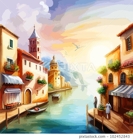Old town street with water channel Stray vinice background, city landscape view, watercolor drawing, Vector illustration Old town street with water channel Stray vinice background, city landscape view, watercolor drawing, Vector illustration 102452843