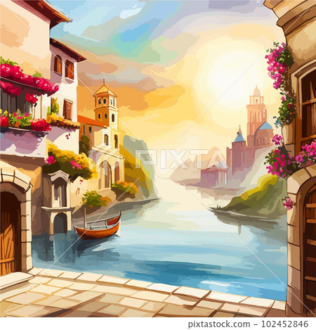 Old town street with water channel Stray vinice background, city landscape view, watercolor drawing, Vector illustration 102452846
