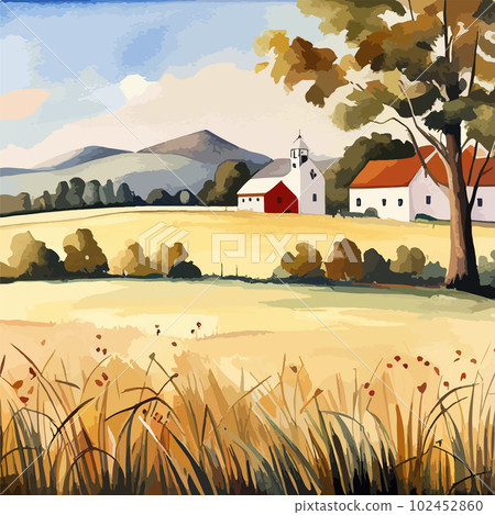 Farm on a hill with yellow or golden wheat field in a watercolor style, agriculture, cultivation, countryside, field, countryside, vector illustration banner with copy space Farm on a hill with yellow or golden wheat field in a watercolor style, agriculture, cultivation, countryside, field, countryside, vector illustration banner with copy space 102452860