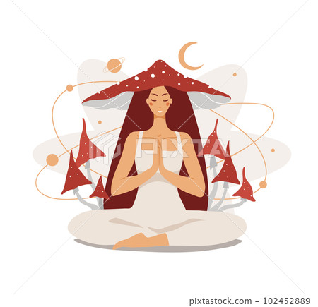 Meditating woman with fly agaric mushrooms, concept of microdosing, mystical esoteric practices. Vector flat cartoon illustration isolated on white. Meditating woman with fly agaric mushrooms, concept of microdosing, mystical esoteric practices. Vector flat cartoon illustration isolated on white. 102452889