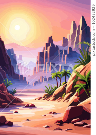 Desert background Summer with sun, sand, clouds, palms Trees Vector design style Nature Landscape. Digital illustration desert oasis with cacti. Cacti flowers coming out of the ground with sand hills  102452929