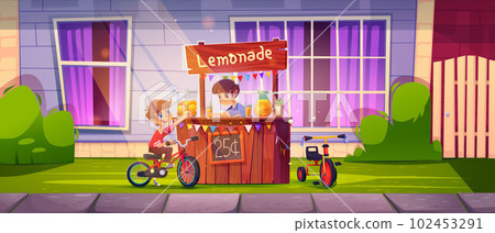 Lemonade sale stand with kid and bicycle cartoon 102453291