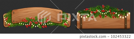 Realistic wooden nameplates with Christmas wreath Realistic wooden nameplates with Christmas wreath 102453322