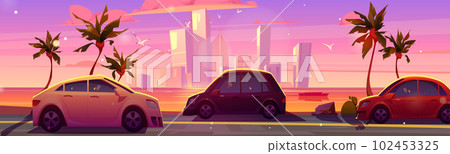 Car drive on sea road, skyscrapper sunset view 102453325