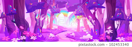 Pink magic forest with rainbow cartoon landscape 102453340