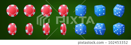 Realistic set of casino chips and dice on green 102453352