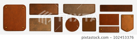 Realistic leather label. Vector badge with stitch 102453376