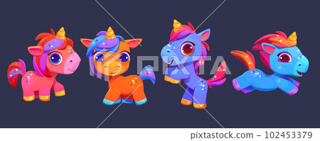 Cute unicorns, baby pony with golden horn 102453379