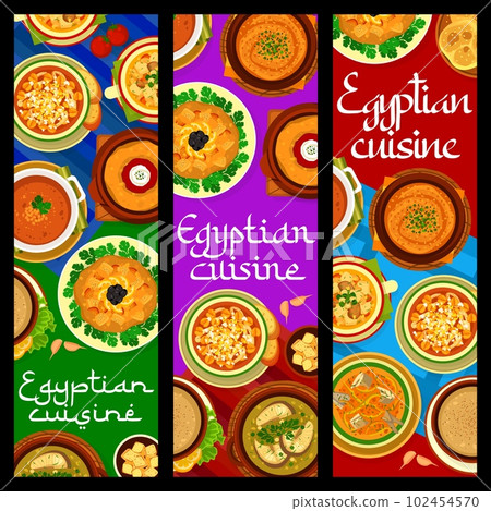 Egyptian cuisine restaurant meals banners. Zaalouk eggplant salad, Harira Ramadan and Balik corbasi fish soup, Bissara pureed broad beans, Kesra bread and trotter, legume and fish soups, Imjadra Egyptian cuisine restaurant meals banners. Zaalouk eggplant salad, Harira Ramadan and Balik corbasi fish soup, Bissara pureed broad beans, Kesra bread and trotter, legume and fish soups, Imjadra 102454570