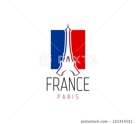Paris eiffel tower icon. Vector famous landmark and national flag of France. Emblem for travel destination, tour and tourism entertainment with french architecture building. Isolated european monument 102454581