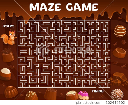 Labyrinth maze help to squirrel find a chocolate candy. Kids board game vector worksheet with path, start, finish, cartoon animal character and choco desserts and sweets, educational boardgame riddle Labyrinth maze help to squirrel find a chocolate candy. Kids board game vector worksheet with path, start, finish, cartoon animal character and choco desserts and sweets, educational boardgame riddle 102454602