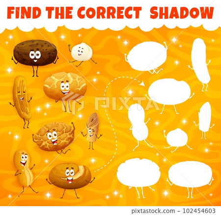 Find the correct shadow. Cartoon bakery, pastry and bread characters. Similarity search quiz, shadow match game vector worksheet with barmbrack, crunch and injera, marraqueta, loaf bread personages Find the correct shadow. Cartoon bakery, pastry and bread characters. Similarity search quiz, shadow match game vector worksheet with barmbrack, crunch and injera, marraqueta, loaf bread personages 102454603
