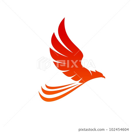 Phoenix bird, abstract eagle or falcon with fire flames. Vector fenix or phoenix flying with raised wings and burning feathers. Fantasy firebird symbol of rebirth and freedom, heraldic emblem or badge Phoenix bird, abstract eagle or falcon with fire flames. Vector fenix or phoenix flying with raised wings and burning feathers. Fantasy firebird symbol of rebirth and freedom, heraldic emblem or badge 102454604