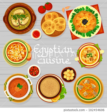 Egyptian cuisine meals menu page cover. Kawareh bi, Ab Ghooshte Fasl and Marka soups, Bissara pureed broad beans, Harira Ramadan and Balik corbasi fish soup, Kesra sesame bread, Zaalouk eggplant salad 102454606