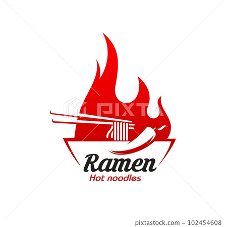 Hot ramen noodles icon, asian food symbol. Korean fast food meal, Chinese cuisine restaurant or oriental ramen noodles bar vector icon. Asian menu cafe emblem or sign with chopsticks, chili pepper Hot ramen noodles icon, asian food symbol. Korean fast food meal, Chinese cuisine restaurant or oriental ramen noodles bar vector icon. Asian menu cafe emblem or sign with chopsticks, chili pepper 102454608