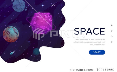 Space landing page, galaxy stars and planets landscape. Company landing page layout, startup launch social media homepage or business project site vector template with fantastic alien galaxy planets 102454660