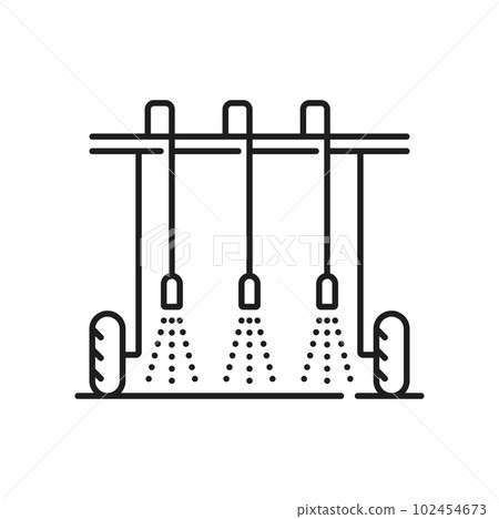 Field wheel sprayer, agriculture irrigation icon. Farm drip watering, garden sprinkling technology or soil irrigation automatic system outline vector symbol. Field irrigation equipment simple sign 102454673