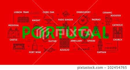 Portugal travel icons and infographics. Portugal culture, history and architecture symbols thin line banner with lisbon tram, cork oak, medieval knight and embroidery, fado singer, church and castle 102454765