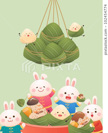 Playful rabbit and rice dumpling mascot, Dragon Boat Festival vertical poster, food made from a string of glutinous rice Playful rabbit and rice dumpling mascot, Dragon Boat Festival vertical poster, food made from a string of glutinous rice 102454774
