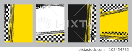 Rally racing grunge background, checkered flag and tire tracks. Motorsport victory or race wining background, F1 championship competition vector banners with car wheel dirty trace, finish flag pattern 102454783