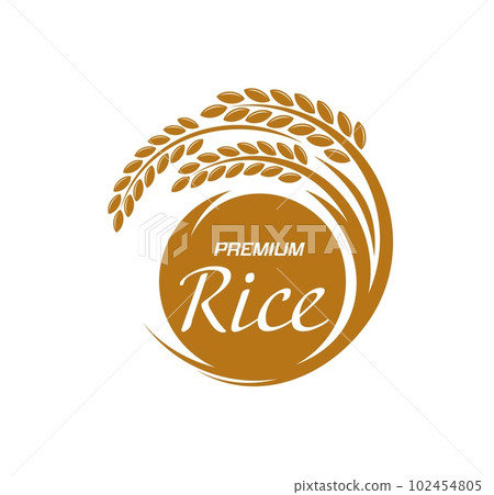 Rice icon, grain food plant and organic natural agriculture vector symbol. Rice product package label with rice ear or stalk, sign for farm market, grocery store and premium quality rice product 102454805