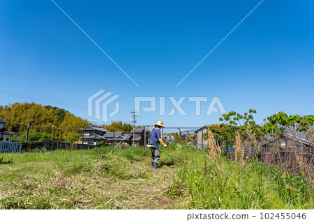 初夏用割草機割草的老人 102455046