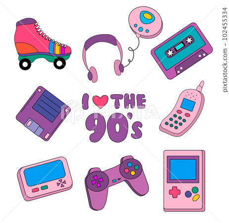 Collection of colorful stickers, icons in 90s style. Vector illustration retro set from the era of the 90s. Vintage tetris, pager, joystick, cassette, player, roller skates, diskette, phone. Collection of colorful stickers, icons in 90s style. Vector illustration retro set from the era of the 90s. Vintage tetris, pager, joystick, cassette, player, roller skates, diskette, phone. 102455334
