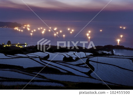 Sunset, terraced rice fields, fishing fires, and _3 Sunset, terraced rice fields, fishing fires, and _3 102455500