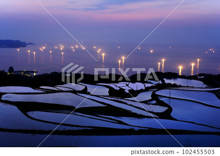 Sunset, terraced rice field, fishing fire and _4 Sunset, terraced rice field, fishing fire and _4 102455503