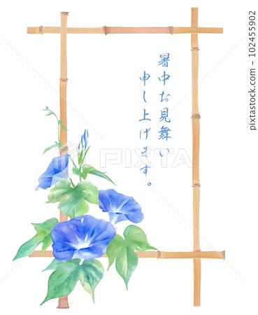 日本風格的框架設計，由藍色牽牛花和竹子的水彩插圖組成。 （矢量。佈局多變） 102455902