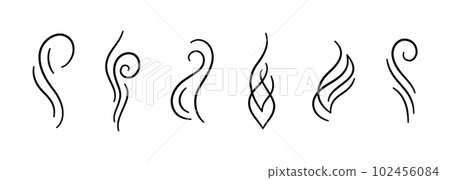 Doodle smoke icons set. Water steam symbols. Hand drawn hot vapors. Line air smell symbols. Doodle fire smoke icons. Vector illustration isolated on white background 102456084