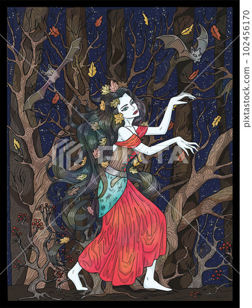 Vintage colorful illustration with beautiful vampire princess in gloomy autumn forest with creepy branches, romantic scary Halloween background, hand drawn art with esoteric fantasy concept 102456170