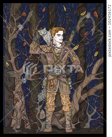 Vintage colorful illustration with handsome vampire hunter or warrior in gloomy autumn forest with creepy branches, romantic scary Halloween background, hand drawn art with esoteric fantasy concept 102456172