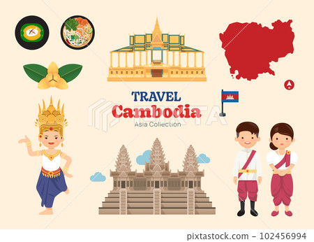 Travel Cambodia flat icons set. khmer element icon map and landmarks symbols and objects collection. Vector Illustration 102456994